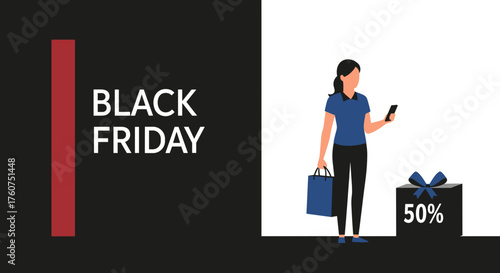 Black Friday shopping concept Woman uses phone near 50 discount gift box