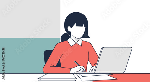 Professional woman working at desk with laptop writing notes Business remote work and productivity concept