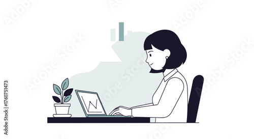 Businesswoman working on laptop analyzing data and finance modern productivity concept illustration