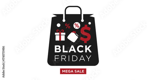 Black Friday Mega Sale icon on a shopping bag representing discounts retail deals and seasonal commerce