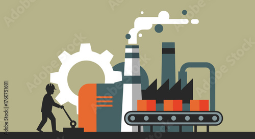 Industrial factory production concept with worker gear and conveyor belt