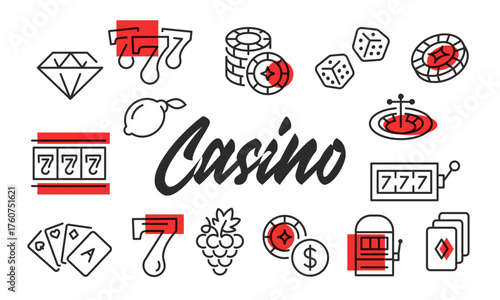 Casino poster. Casino poster design with Slot Machine, Roulette, Chips, Cards, and Lucky 777 icons. Simple poster for presentations, covers. Banner template. Vector illustration.