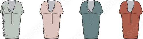 Women's relaxed midi tunic dress technical flat illustration. V-neck, button placket, dolman sleeves. Four colors for fashion design and apparel mockups