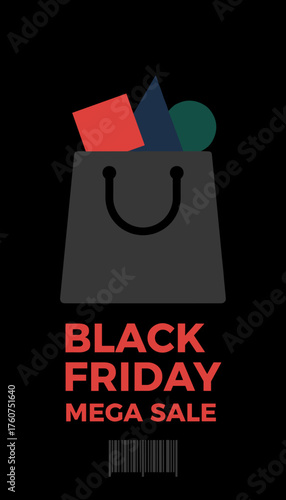 Black Friday Mega Sale graphic with shopping bag Promoting retail discounts and holiday shopping