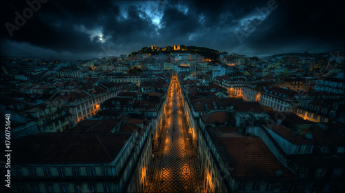 Colorful tiled rooftops in Lisbon with historic street layout