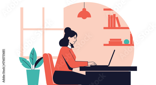 Woman working on laptop at modern home office desk