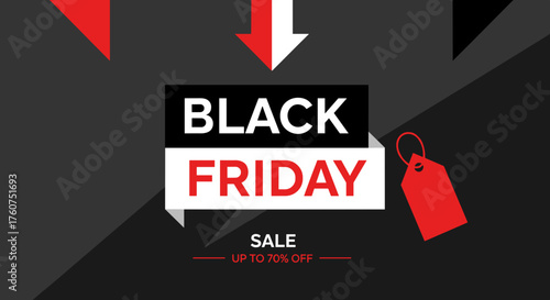 Black Friday Sale banner with 70 off Discount marketing graphic in red white and black