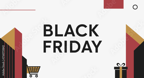 Black Friday sale promotion banner design with geometric shapes gift box and cart