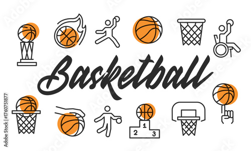 Basketball poster. Basketball poster design with Ball, Hoop, Player, Trophy, and Podium icons. Simple poster for presentations, covers. Banner template. Vector illustration.