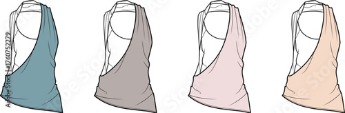Collection of four stylish tank tops in pastel shades, showcasing different designs and draping