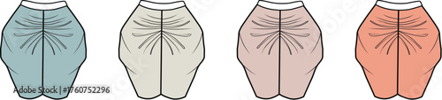 Set of four stylized illustrations of loose-fitting trousers in different pastel colors, featuring a cinched waist and wide leg design