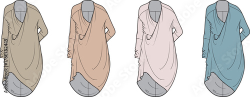 Fashion flat sketches of a stylish asymmetrical draped tunic. Apparel design template set with colorway options for women's wear collection