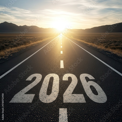 Open road stretching into a bright future with the year 2026 painted on the asphalt