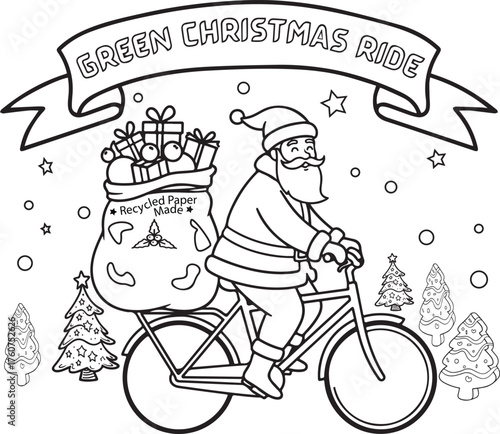 Santa claus on a bicycle promoting a green christmas