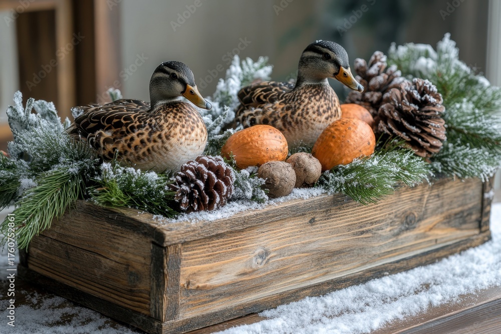 Obraz premium ducks sitting in a wooden box with pine cones.