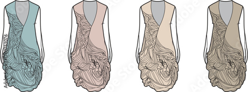 Four elegant, flowing dresses in light blue, pale pink, beige, and taupe, showcasing intricate fabric draping and a unique V-neckline design