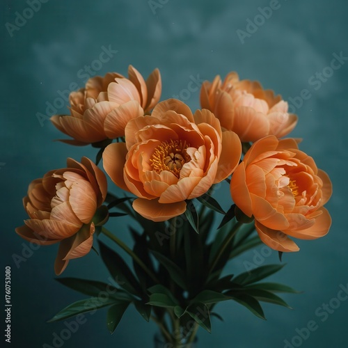 Elegant bouquet of vibrant orange peonies blooming beautifully against a serene dark teal background