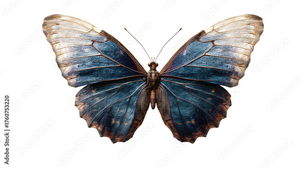 Obraz premium Close-up view of a detailed butterfly with iridescent blue wings, cut out transparent