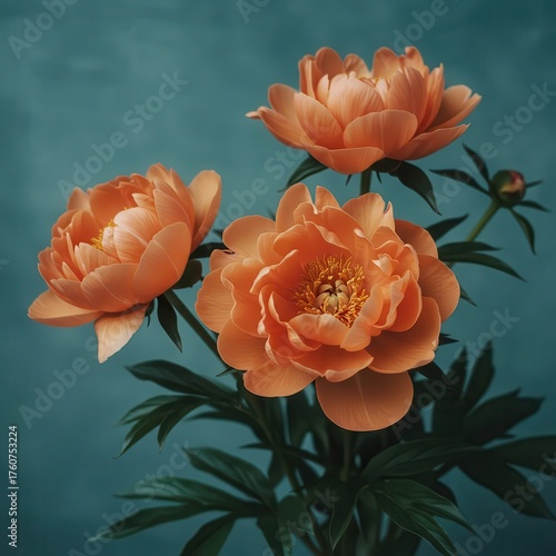 Vibrant Coral Peonies Blooming Elegantly Against a Serene Teal Background a Delicate Floral Display