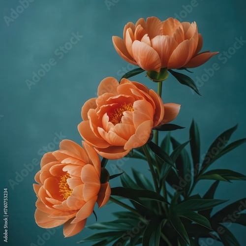 Vibrant orange peonies blooming against a deep teal background creating elegant floral beauty