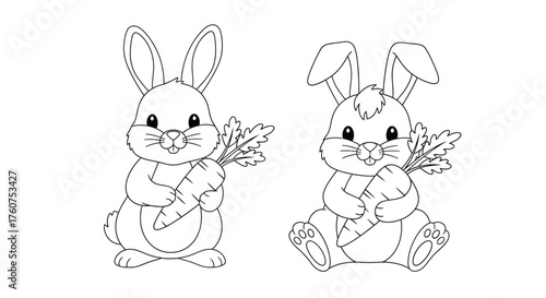 Two adorable rabbits holding carrots and leafy greens in a drawing
