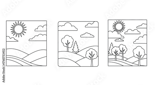Simple black and white landscapes depicted in three separate rectangular panels