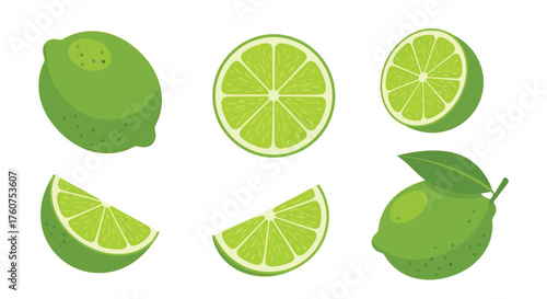 Fresh limes in various arrangements with slices and a leaf design