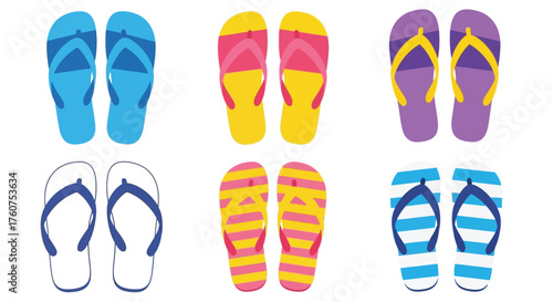 Colorful collection of summer flip flops arranged on a white background