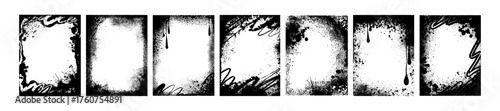 Graffiti banner frame set, hand drawn spray effect border, brush stroke box kit, urban art overlay. Grunge messy acrylic splash, dark ink stain decoration, blank photo rectangle. Airy graffiti frame