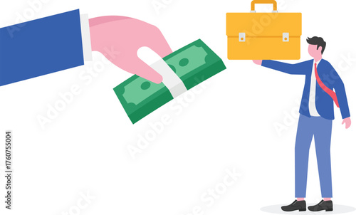  Two businessman hands, one holding a coin and the other a judge gavel, illustration of Corruption,

