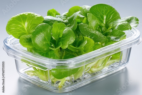 Freshly harvested vibrant leafy greens glistening with water droplets in a transparent container reflecting modern culinary aesthetics and promoting healthy eating habits