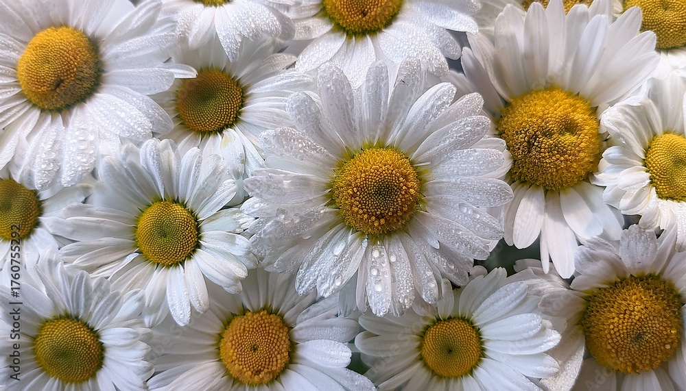 Obraz premium Floral Background Of Chamomile Or Chrysanthemum Flowers In Dew Drops Vertical Banner Or Wallpaper Selective Focus