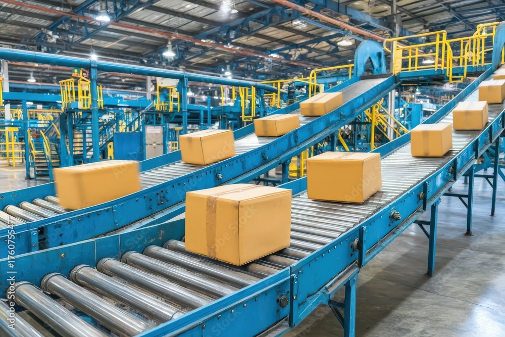 Obraz premium Efficient conveyor belt system transporting cardboard boxes in a modern warehouse setting showcasing automation in logistics and supply chain management captured with clarity