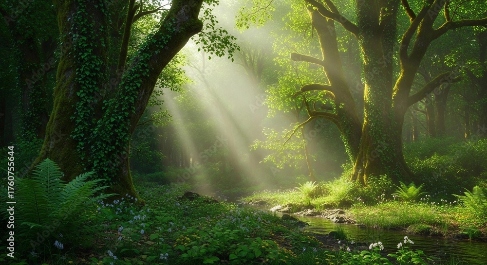 Obraz premium Sunlit Forest: A captivating display of nature's beauty, where sunlight streams through the lush canopy of a vibrant forest, illuminating the green foliage and creating a mesmerizing ambiance.
