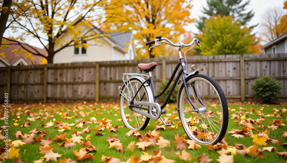 Fototapeta premium Classic bicycle parked in autumn leaves in a backyard garden 