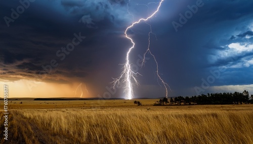Fork Lightning Striking Down During Summer Storm