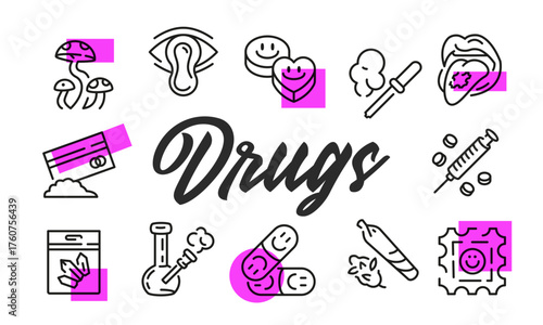 Drugs poster. Informational drugs poster design with Mushroom, Pill, Syringe, Bong, Powder icons. Vector illustration for education, awareness, or medical-related topics.