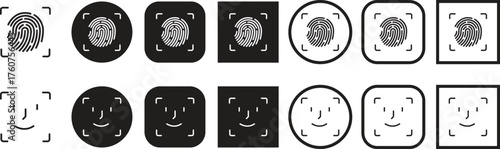 Fingerprint and face scan symbol Black flat and line style biometric security vector icon set, face ID and fingerprint authentication group, collection, access identity verification synonym