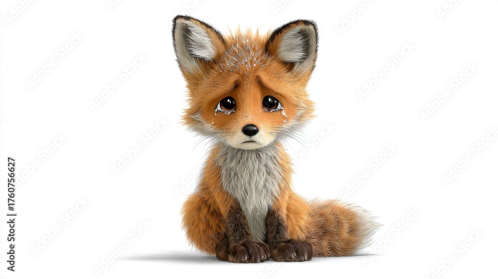 Fototapeta premium Sad cartoon fox cub with drooping ears and teary eyes, realistic fur texture, white background