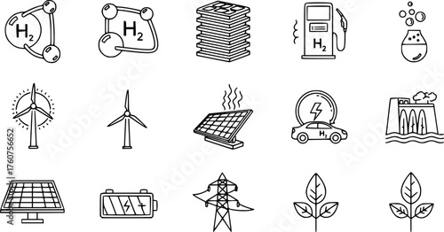 Hydrogen Fuel Cell & Alternative Energy Black Silhouette Line Icon Set: H2 Atom, Fuel Cell Stack, Filling Station, and Electrolysis Diagram Vectors.