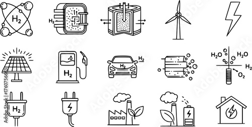 Hydrogen Fuel Cell & Alternative Energy Black Silhouette Line Icon Set: H2 Atom, Fuel Cell Stack, Filling Station, and Electrolysis Diagram Vectors.