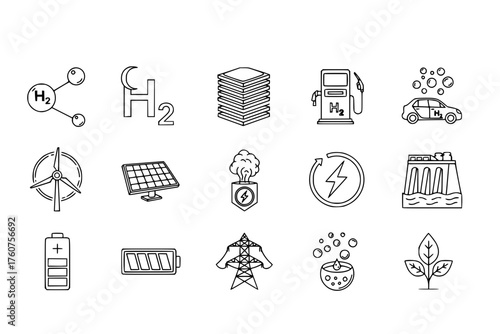 Hydrogen Fuel Cell & Alternative Energy Black Silhouette Line Icon Set: H2 Atom, Fuel Cell Stack, Filling Station, and Electrolysis Diagram Vectors.