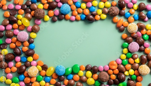 Mixed Collection Of Colorful Candy On Colored Background Flat Lay Top View Frame Of Colorful Chocolate Coated Candy