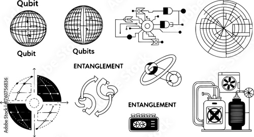 Quantum Computing Black Silhouette Abstract Icon Set: Qubit, Quantum Circuit, Entanglement Symbol, and Cryogenic Unit Minimalist Technical Vectors.