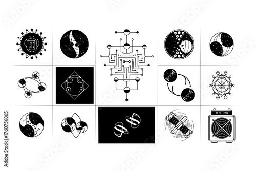Quantum Computing Black Silhouette Abstract Icon Set: Qubit, Quantum Circuit, Entanglement Symbol, and Cryogenic Unit Minimalist Technical Vectors.