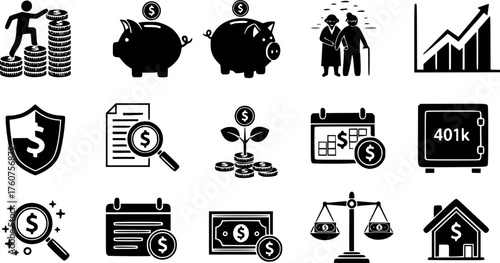 Financial Wellness & Retirement Planning Black Silhouette Icon Set: Savings Growth, Piggy Bank, Elderly Couple, and Compound Interest Corporate Vectors.