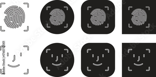 Fingerprint and face scan symbol Black flat and line style biometric security vector icon set, face ID and fingerprint authentication group, collection, access identity verification synonym