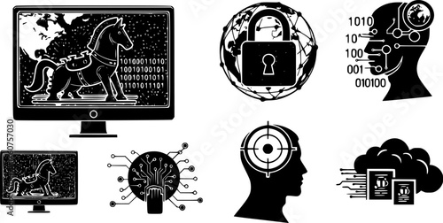 Cyber Warfare & Threat Intelligence Black Silhouette Icon Set: Trojan Horse, Network Lock, Targeted Profile, and Data Obscuring Digital Smoke Vectors.