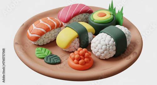 Delicious sushi set on a plate traditional japanese food with rice, fish, and avocado for restaurant menu