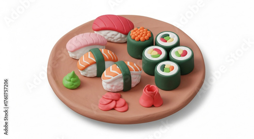 A delightful assortment of sushi made from clay, showcasing the artistry and creativity of miniature food sculpting